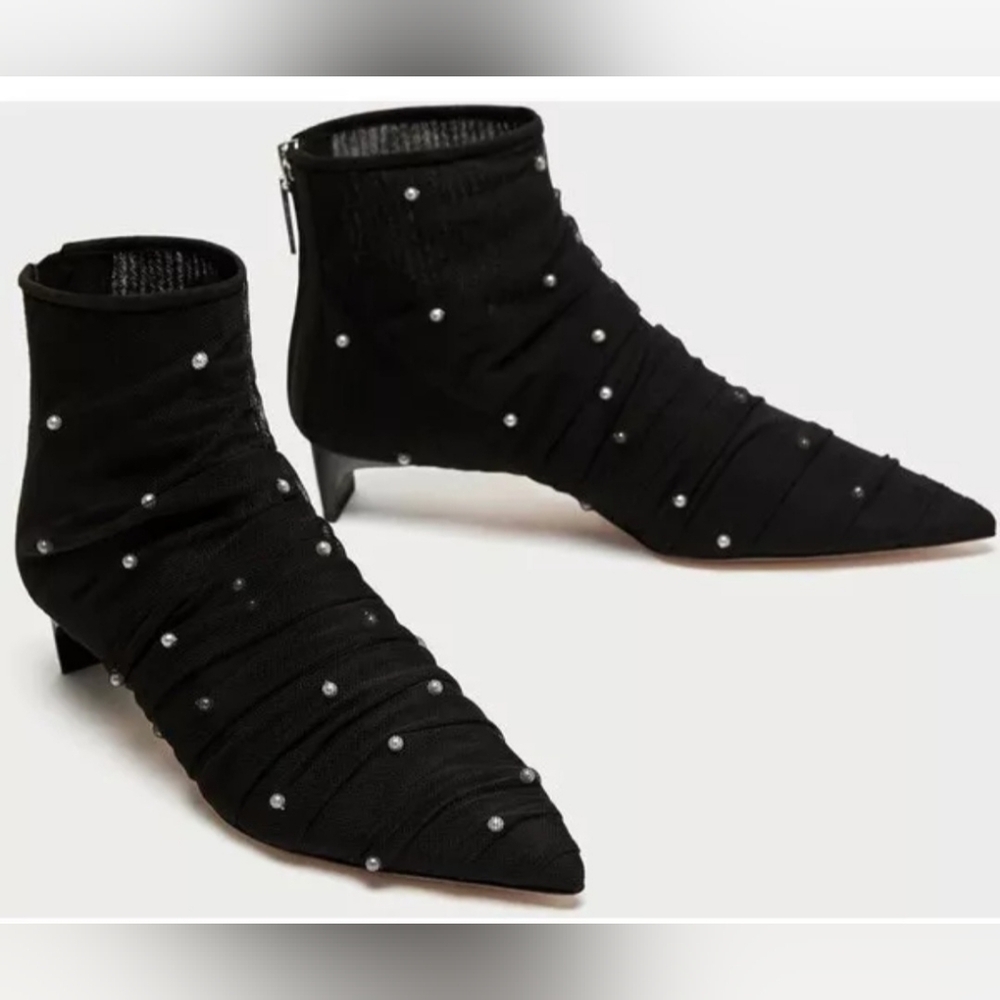 EUC Zara Women High Heel Embellished Pearl Tulle Ankle Boots Size 38